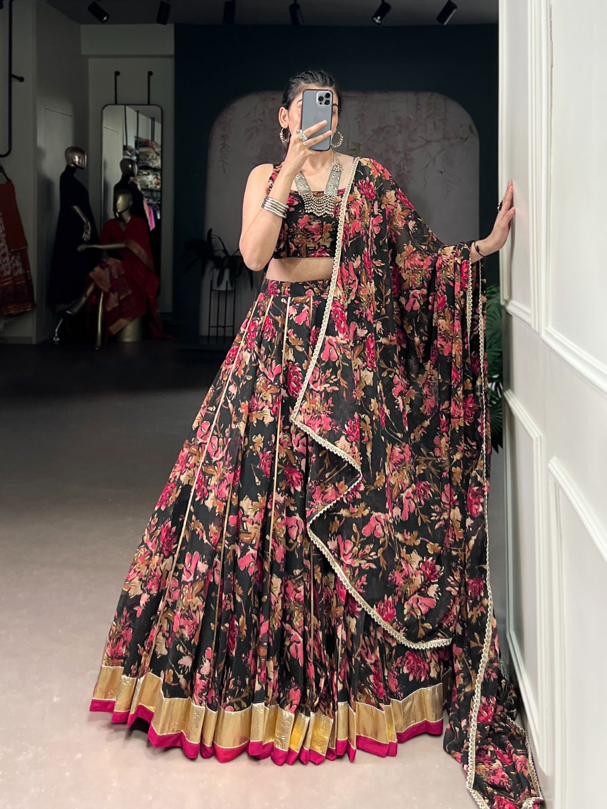 Lorenvalley Fashion Black Chiffon Floral Print and Foil Print with Embossed Design with Gotta Patti Lace Touch Up Lehenga Choli with Dupatta | Grocsy