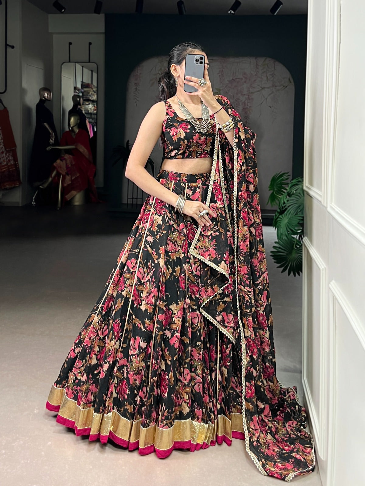 Lorenvalley Fashion Black Chiffon Floral Print and Foil Print with Embossed Design with Gotta Patti Lace Touch Up Lehenga Choli with Dupatta | Grocsy
