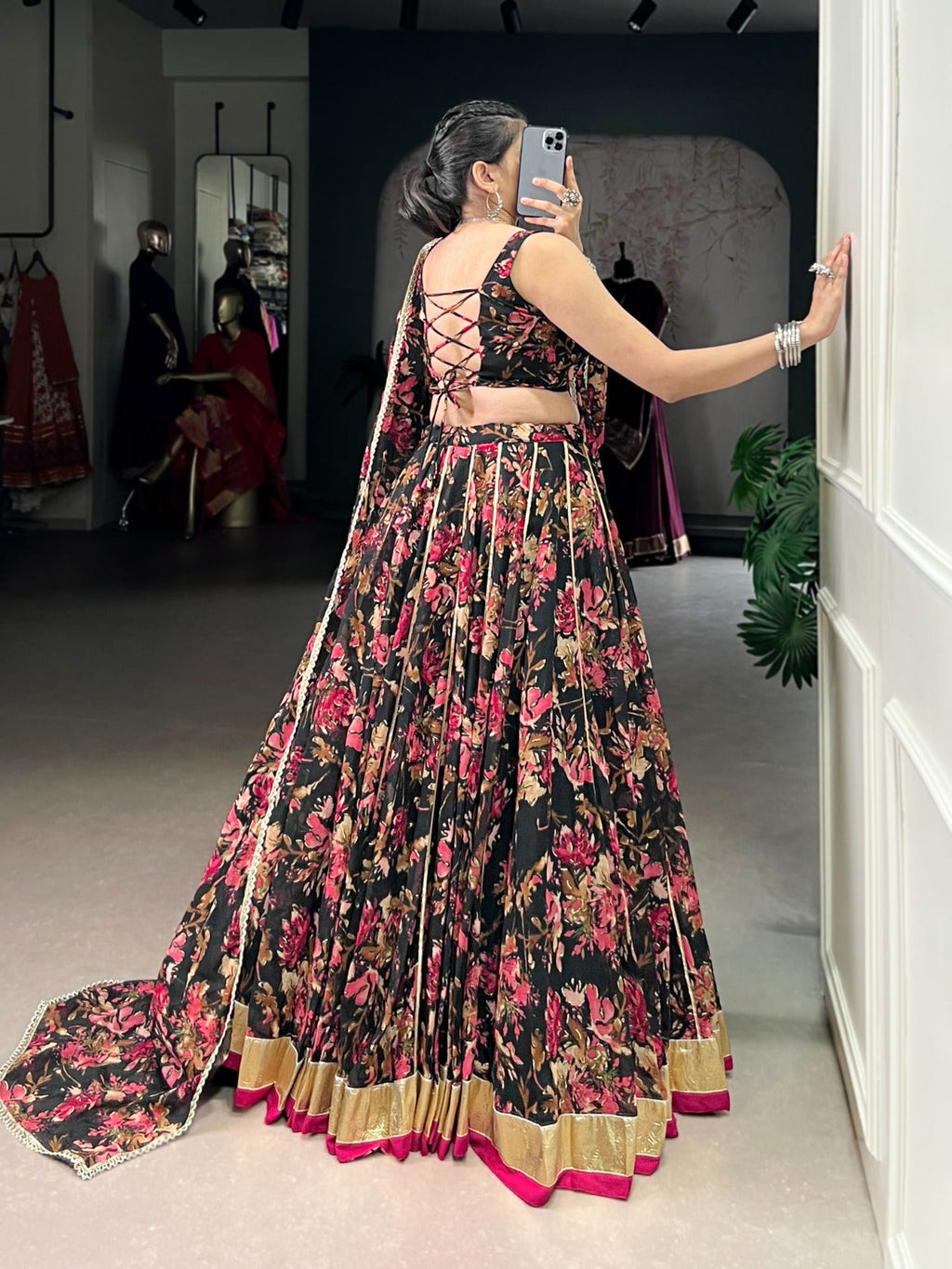 Lorenvalley Fashion Black Chiffon Floral Print and Foil Print with Embossed Design with Gotta Patti Lace Touch Up Lehenga Choli with Dupatta | Grocsy