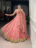 Lorenvalley Fashion Peach Chiffon Floral Print and Foil Print with Embossed Design with Gotta Patti Lace Touch Up Lehenga Choli with Dupatta | Grocsy