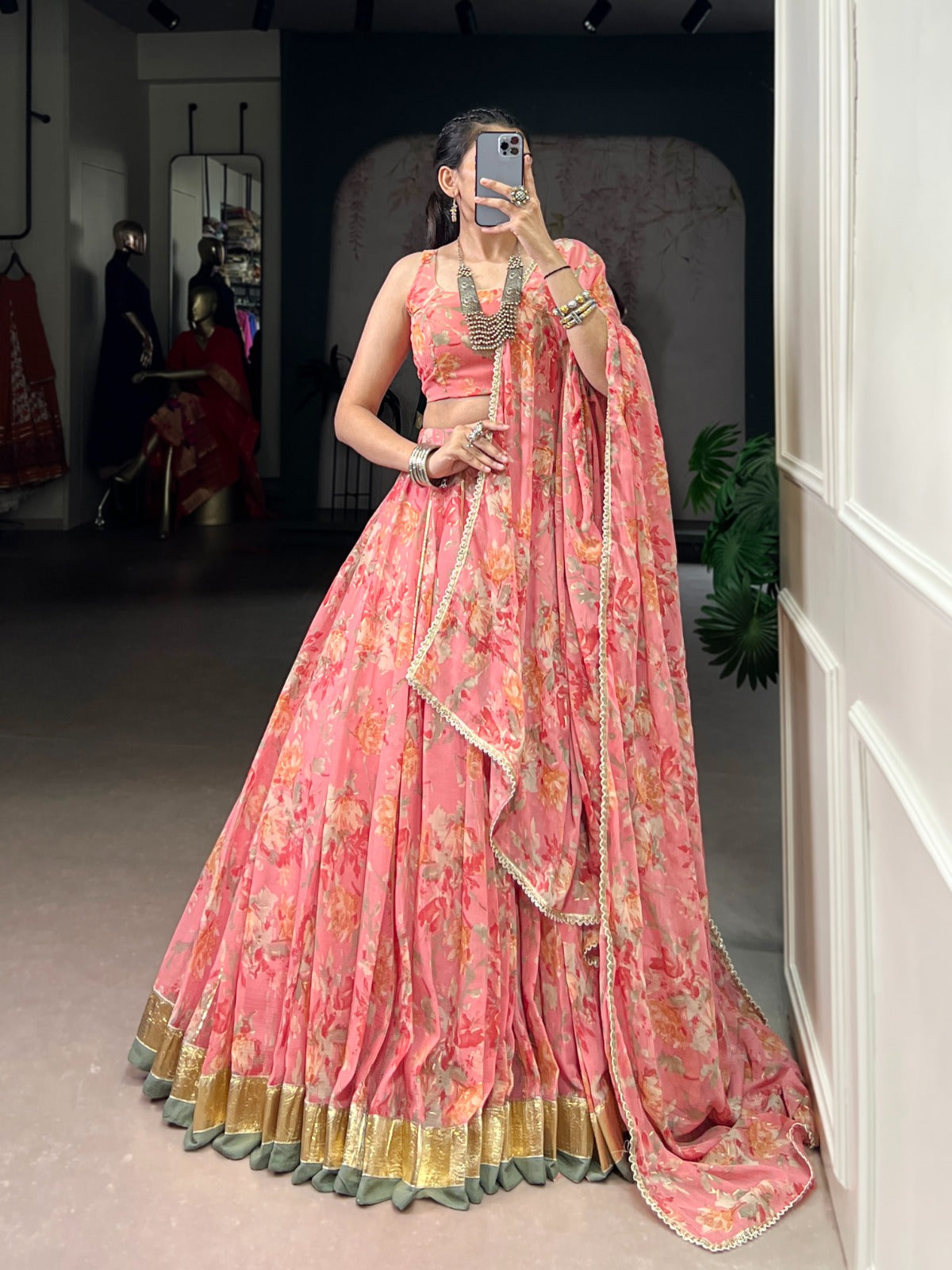 Lorenvalley Fashion Peach Chiffon Floral Print and Foil Print with Embossed Design with Gotta Patti Lace Touch Up Lehenga Choli with Dupatta | Grocsy