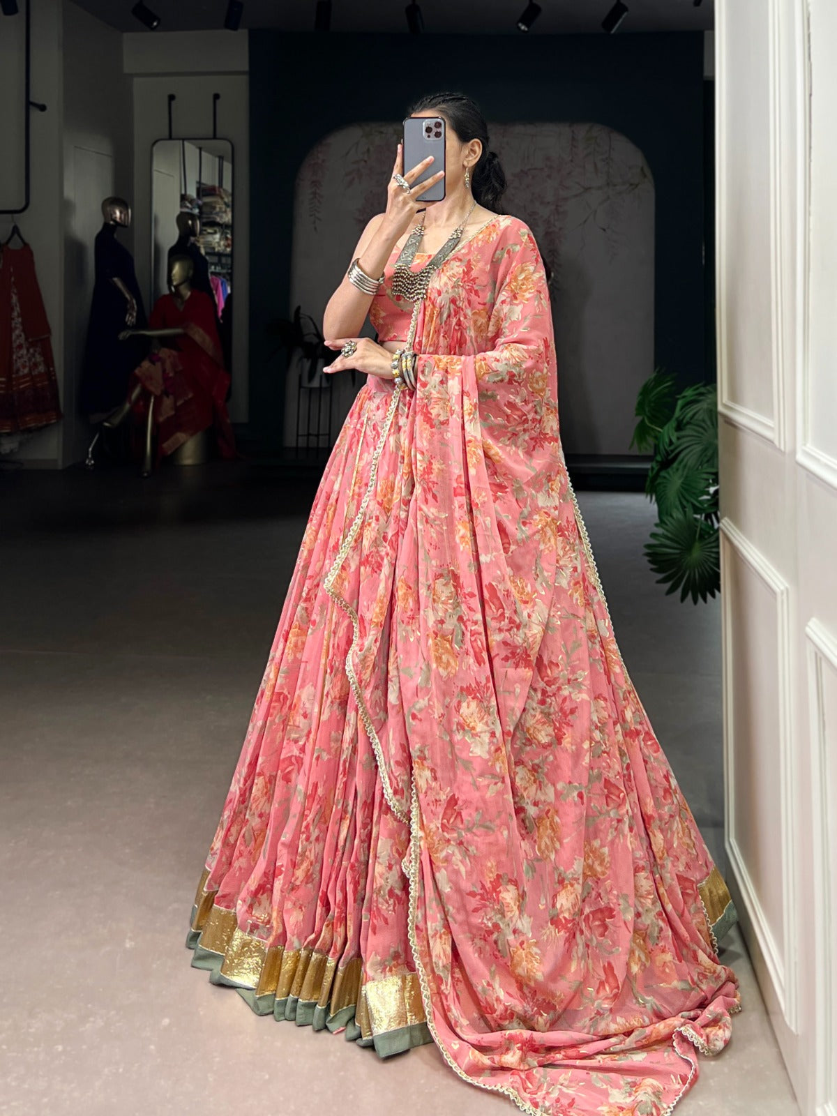 Lorenvalley Fashion Peach Chiffon Floral Print and Foil Print with Embossed Design with Gotta Patti Lace Touch Up Lehenga Choli with Dupatta | Grocsy