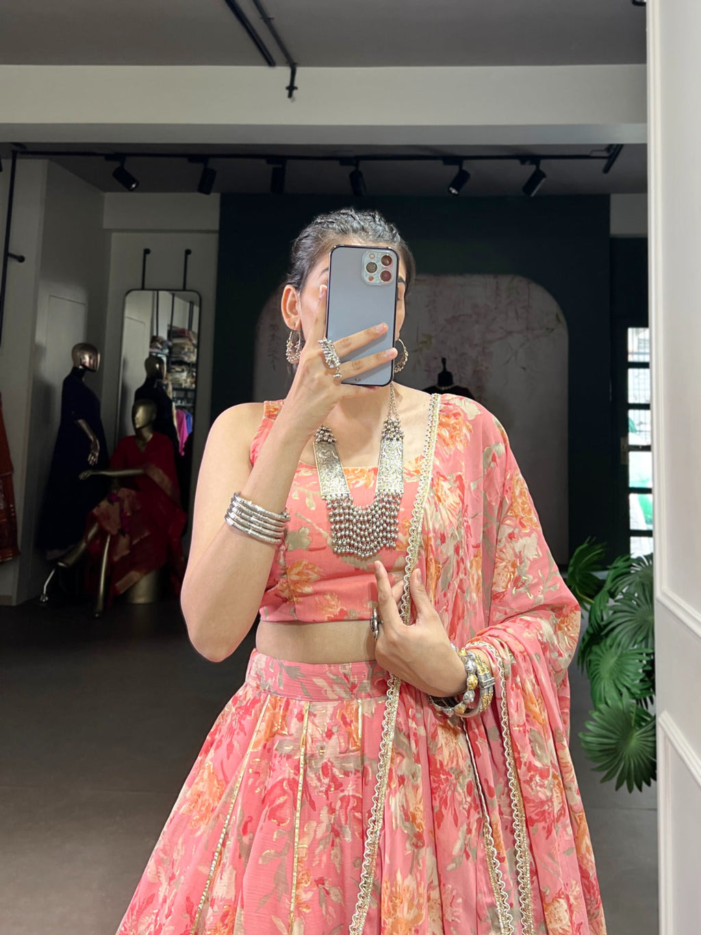 Lorenvalley Fashion Peach Chiffon Floral Print and Foil Print with Embossed Design with Gotta Patti Lace Touch Up Lehenga Choli with Dupatta | Grocsy