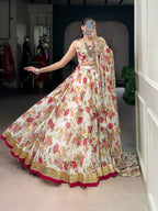 Lorenvalley Fashion White Chiffon Floral Print and Foil Print with Embossed Design with Gotta Patti Lace Touch Up Lehenga Choli with Dupatta | Grocsy