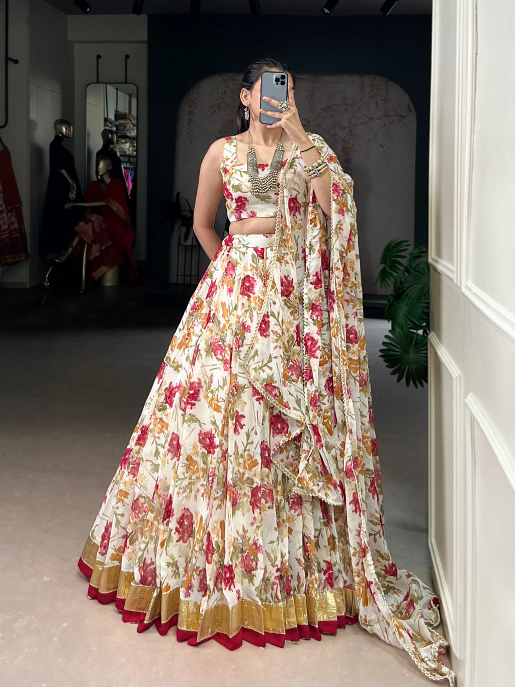 Lorenvalley Fashion White Chiffon Floral Print and Foil Print with Embossed Design with Gotta Patti Lace Touch Up Lehenga Choli with Dupatta | Grocsy