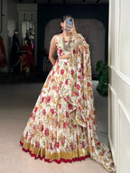 Lorenvalley Fashion White Chiffon Floral Print and Foil Print with Embossed Design with Gotta Patti Lace Touch Up Lehenga Choli with Dupatta | Grocsy