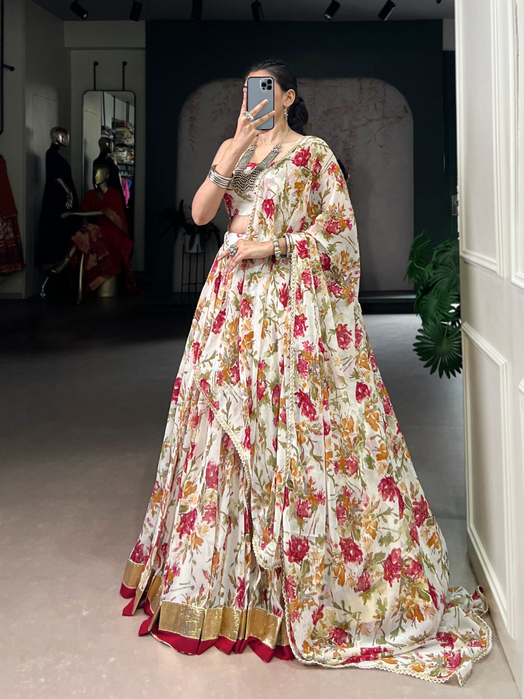 Lorenvalley Fashion White Chiffon Floral Print and Foil Print with Embossed Design with Gotta Patti Lace Touch Up Lehenga Choli with Dupatta | Grocsy