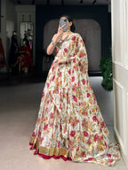 Lorenvalley Fashion White Chiffon Floral Print and Foil Print with Embossed Design with Gotta Patti Lace Touch Up Lehenga Choli with Dupatta | Grocsy
