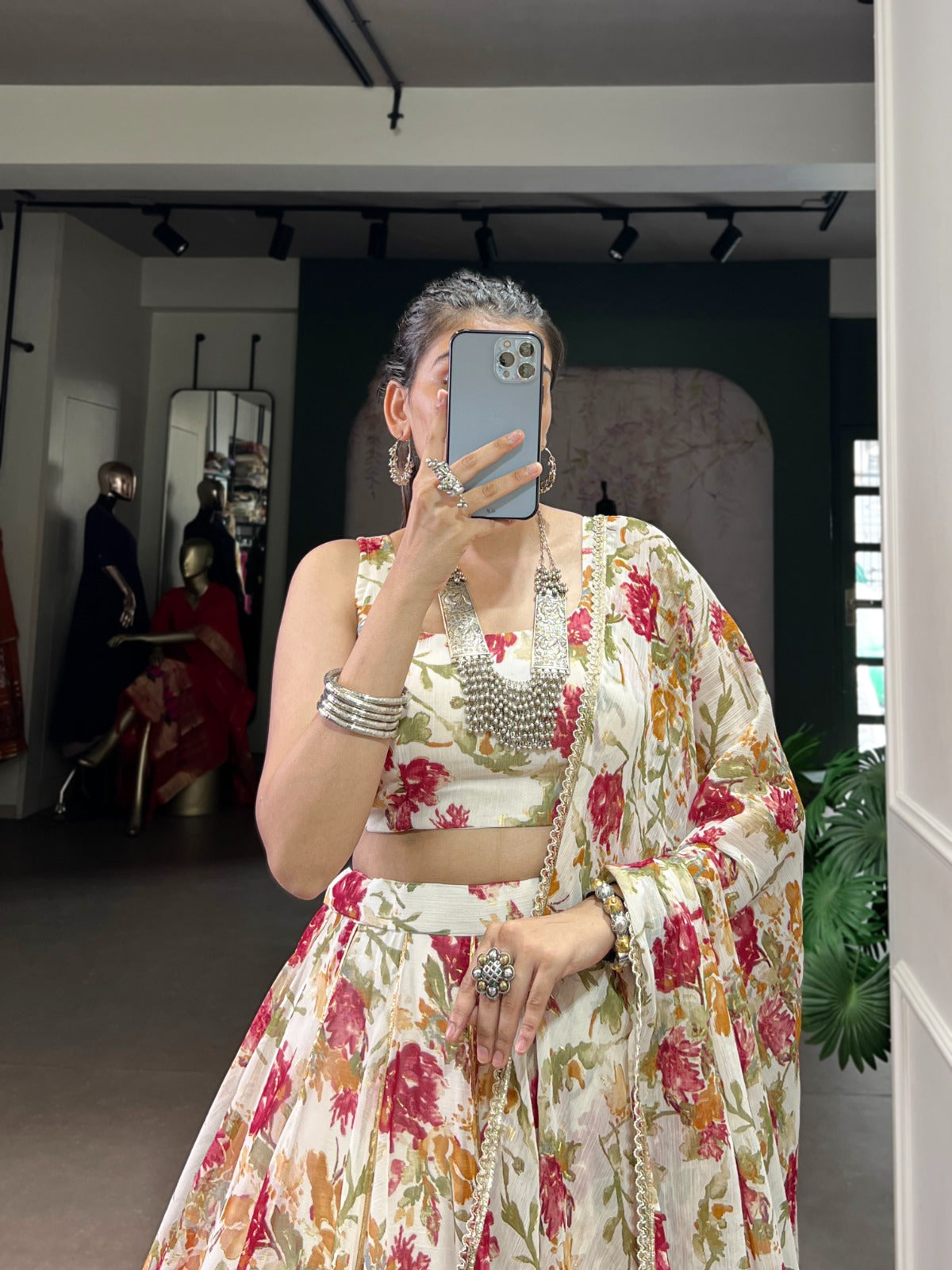 Lorenvalley Fashion White Chiffon Floral Print and Foil Print with Embossed Design with Gotta Patti Lace Touch Up Lehenga Choli with Dupatta | Grocsy