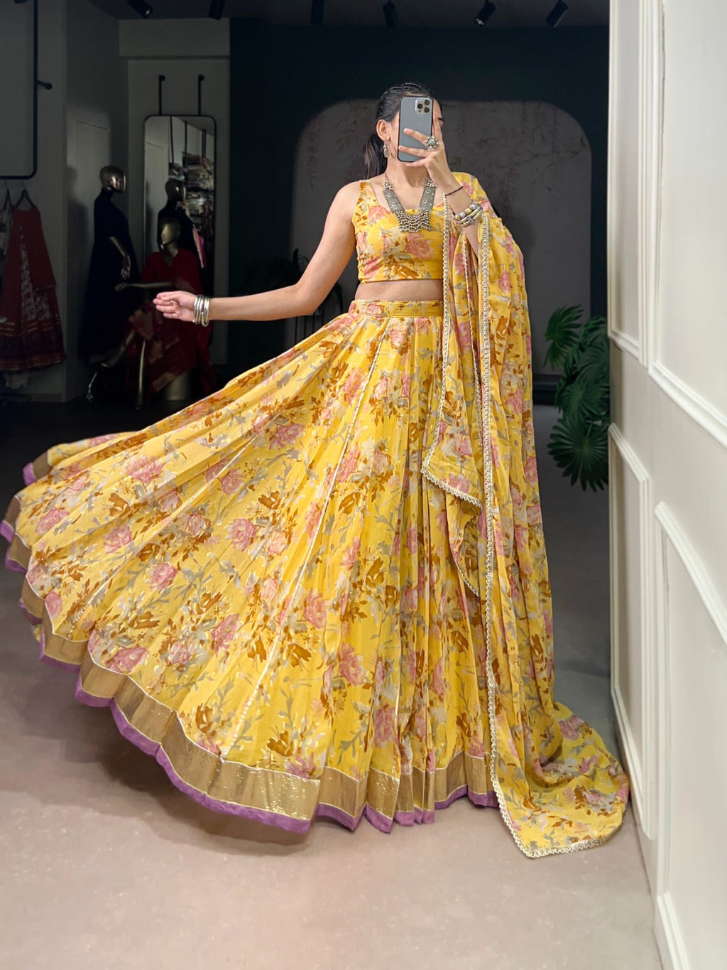 Lorenvalley Fashion Yellow Chiffon Floral Print and Foil Print with Embossed Design with Gotta Patti Lace Touch Up Lehenga Choli with Dupatta | Grocsy