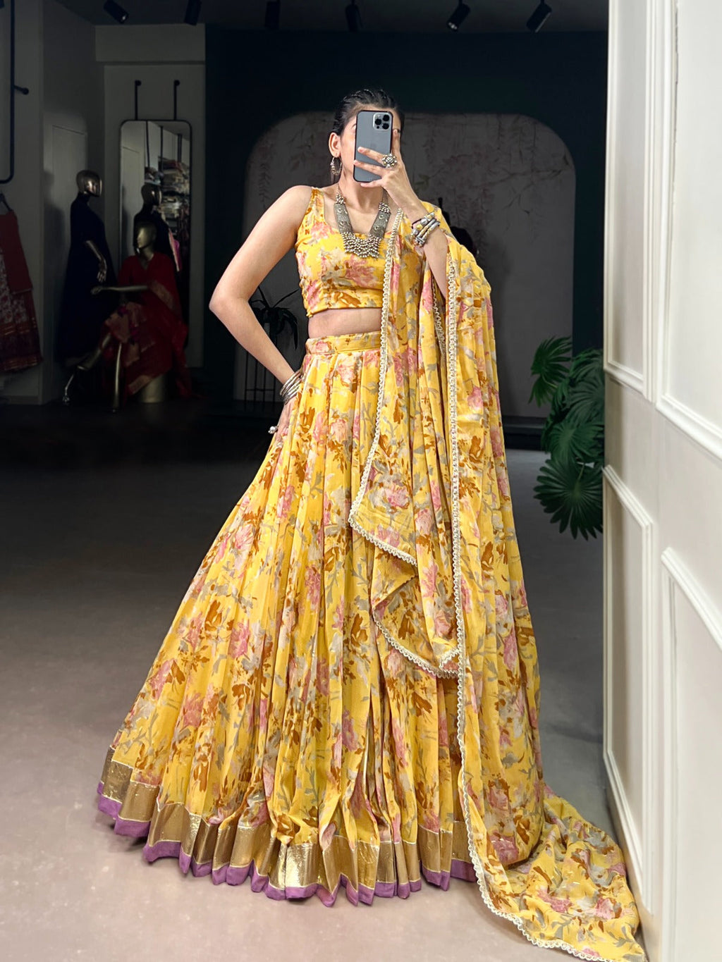 Lorenvalley Fashion Yellow Chiffon Floral Print and Foil Print with Embossed Design with Gotta Patti Lace Touch Up Lehenga Choli with Dupatta | Grocsy
