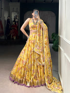 Lorenvalley Fashion Yellow Chiffon Floral Print and Foil Print with Embossed Design with Gotta Patti Lace Touch Up Lehenga Choli with Dupatta | Grocsy