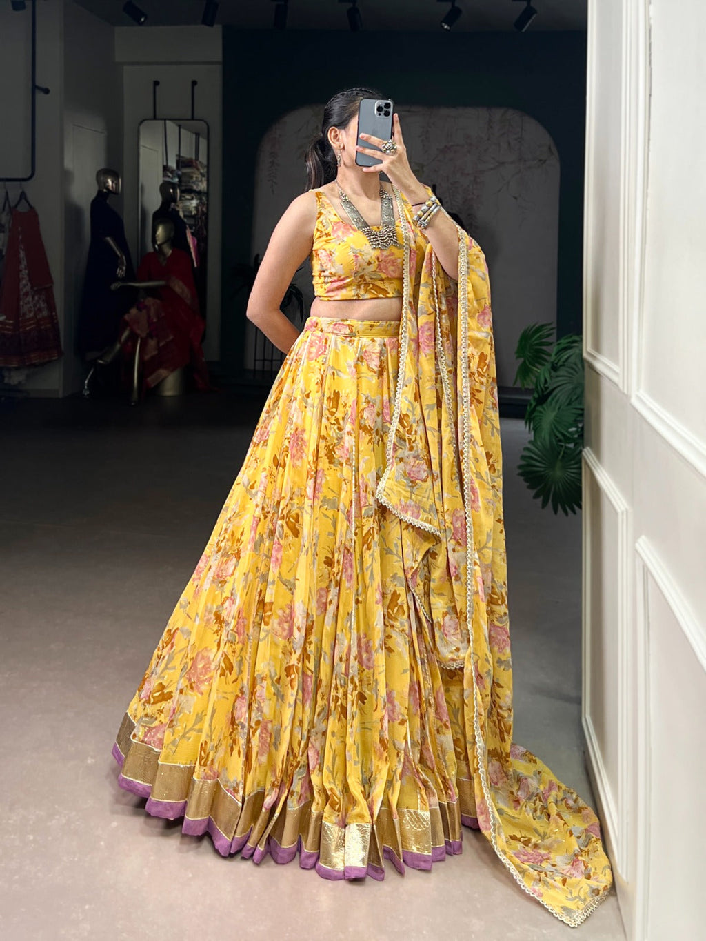Lorenvalley Fashion Yellow Chiffon Floral Print and Foil Print with Embossed Design with Gotta Patti Lace Touch Up Lehenga Choli with Dupatta | Grocsy