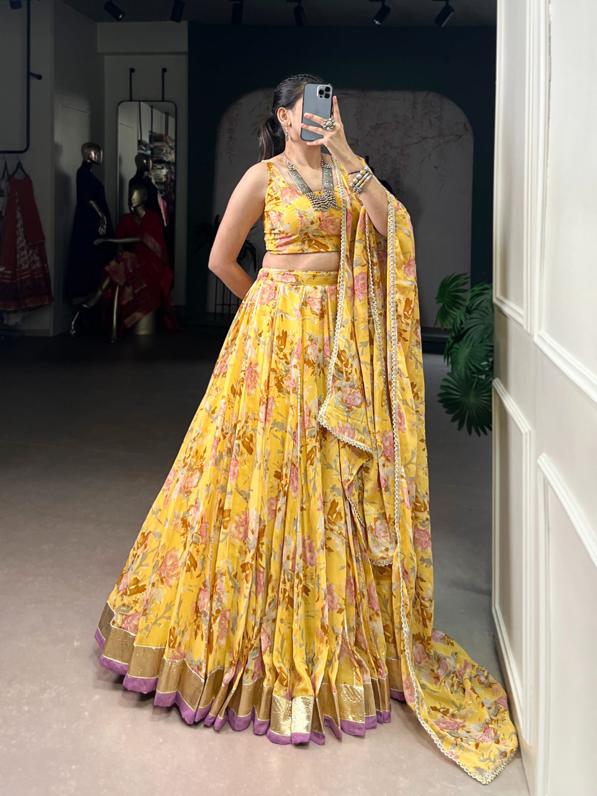 Lorenvalley Fashion Yellow Chiffon Floral Print and Foil Print with Embossed Design with Gotta Patti Lace Touch Up Lehenga Choli with Dupatta | Grocsy