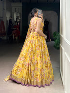 Lorenvalley Fashion Yellow Chiffon Floral Print and Foil Print with Embossed Design with Gotta Patti Lace Touch Up Lehenga Choli with Dupatta | Grocsy