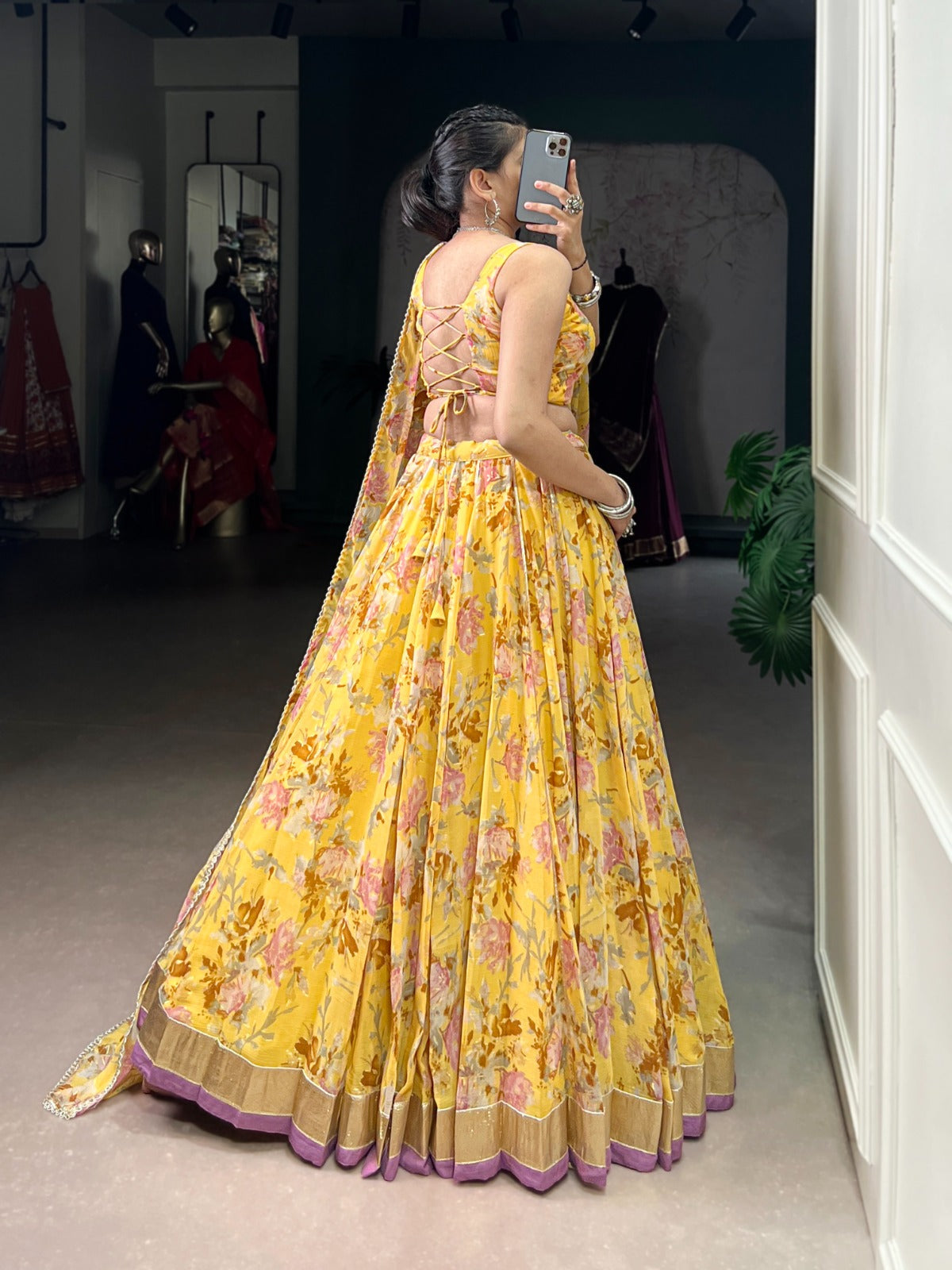 Lorenvalley Fashion Yellow Chiffon Floral Print and Foil Print with Embossed Design with Gotta Patti Lace Touch Up Lehenga Choli with Dupatta | Grocsy
