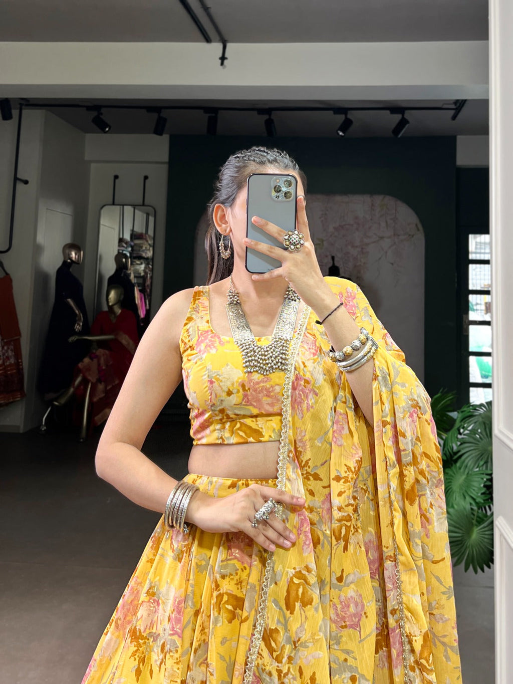 Lorenvalley Fashion Yellow Chiffon Floral Print and Foil Print with Embossed Design with Gotta Patti Lace Touch Up Lehenga Choli with Dupatta | Grocsy