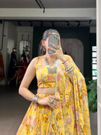 Lorenvalley Fashion Yellow Chiffon Floral Print and Foil Print with Embossed Design with Gotta Patti Lace Touch Up Lehenga Choli with Dupatta | Grocsy