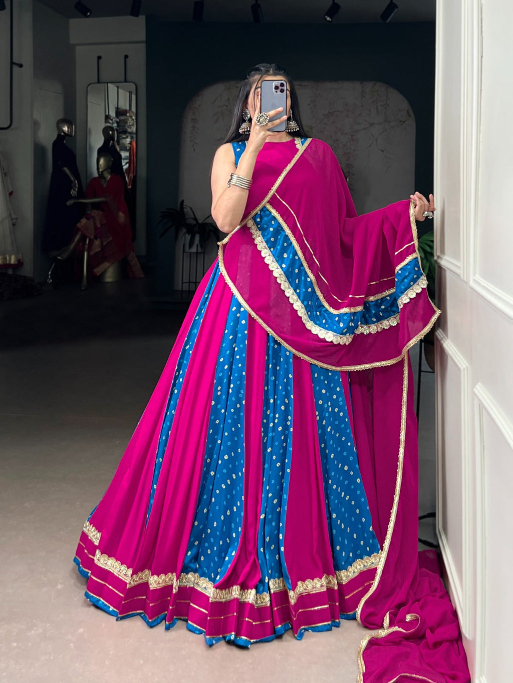 Lorenvalley Fashion Pink Tasar Silk Bandhej Print With Lace Touch Up Lehenga Choli with Dupatta | Grocsy
