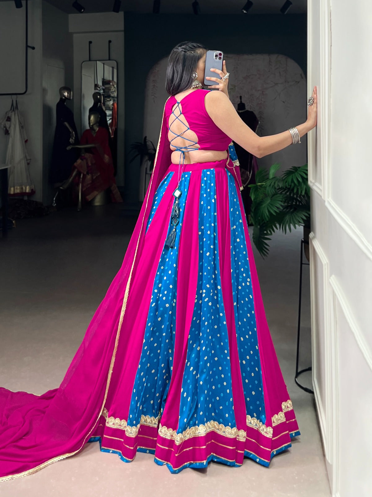 Lorenvalley Fashion Pink Tasar Silk Bandhej Print With Lace Touch Up Lehenga Choli with Dupatta | Grocsy