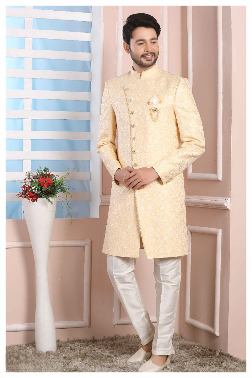 Raivat Ethnic Jacquard Silk Thread Work Indo Western In Yellow Colour | Grocsy