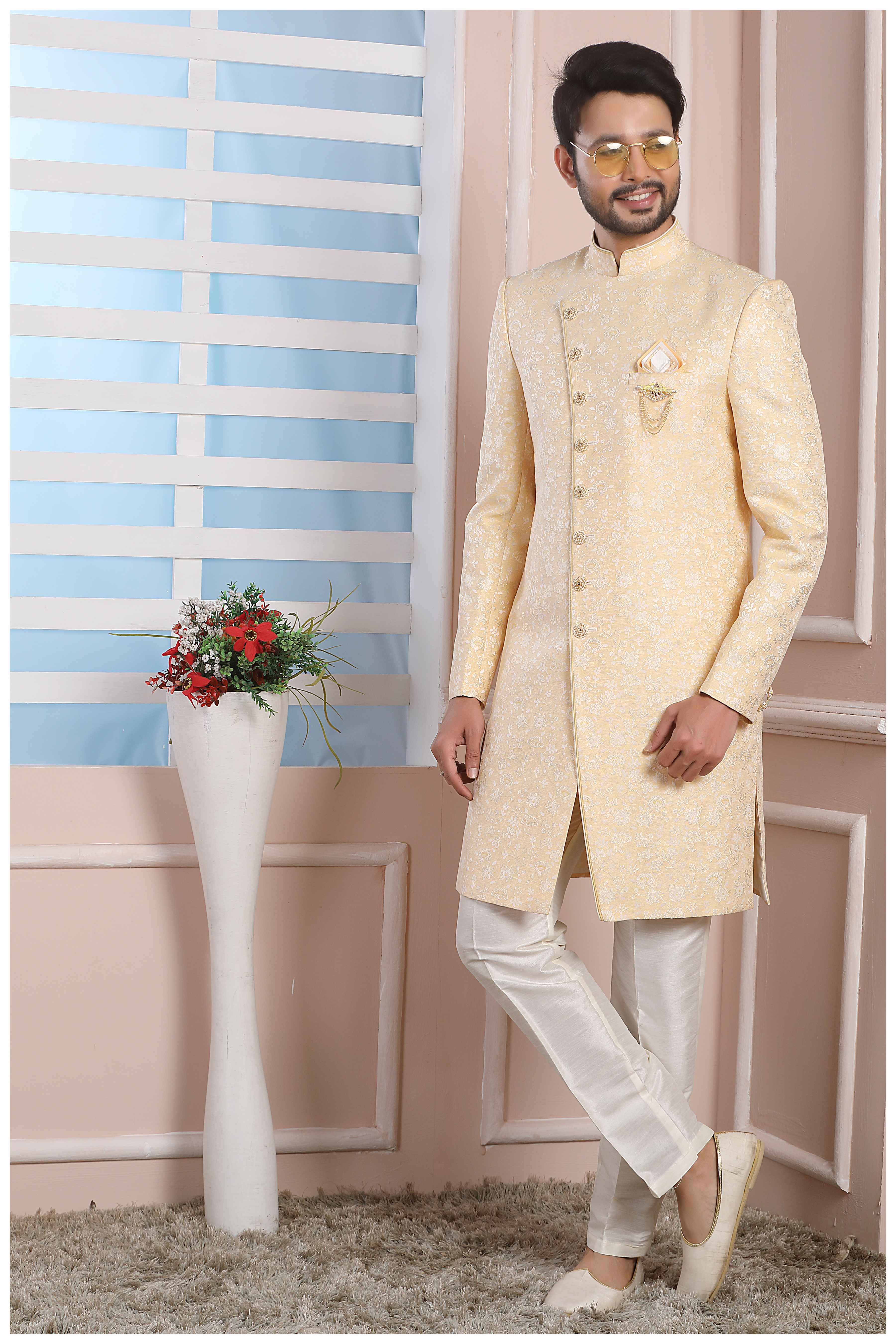 Raivat Ethnic Jacquard Silk Thread Work Indo Western In Yellow Colour | Grocsy