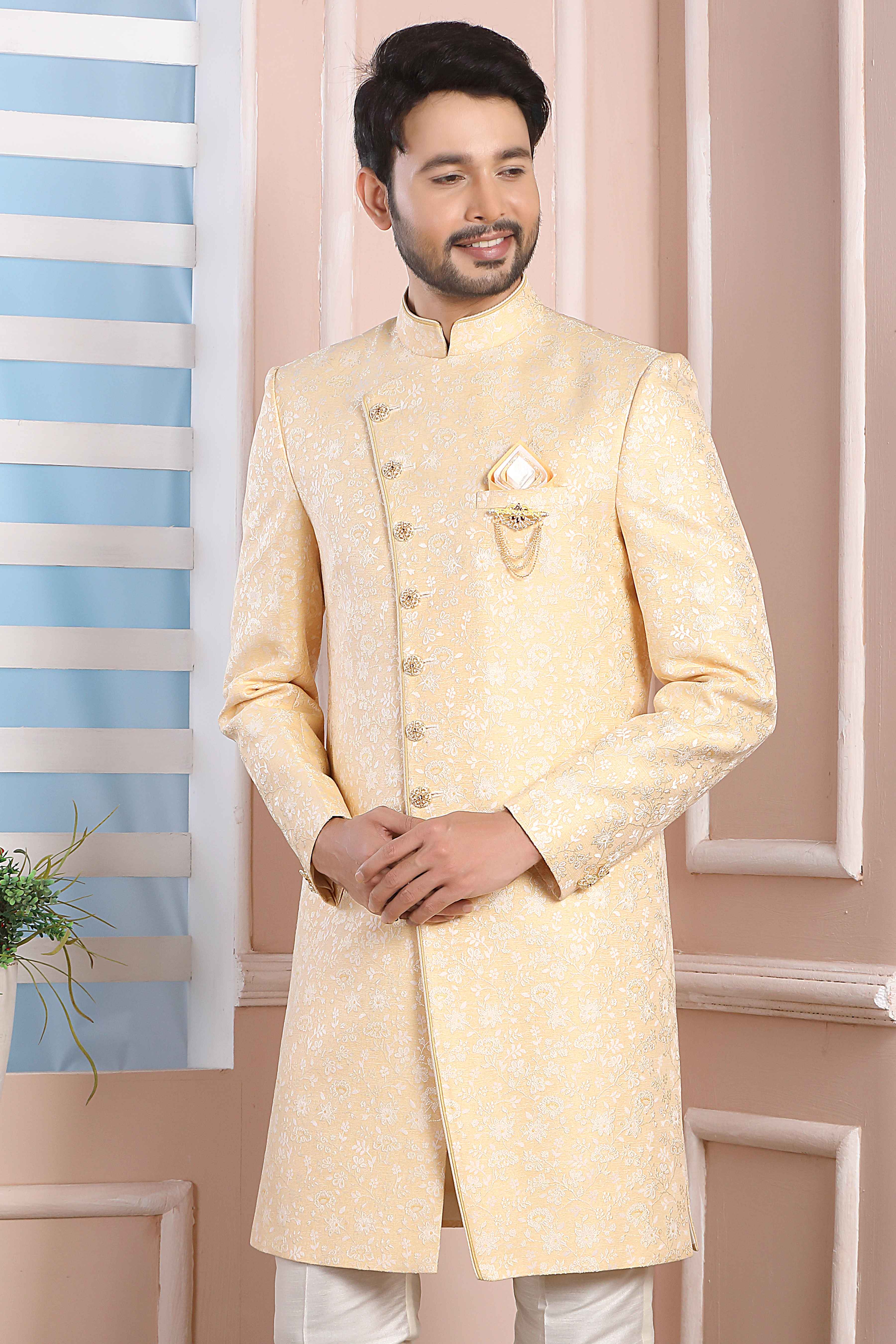 Raivat Ethnic Jacquard Silk Thread Work Indo Western In Yellow Colour | Grocsy