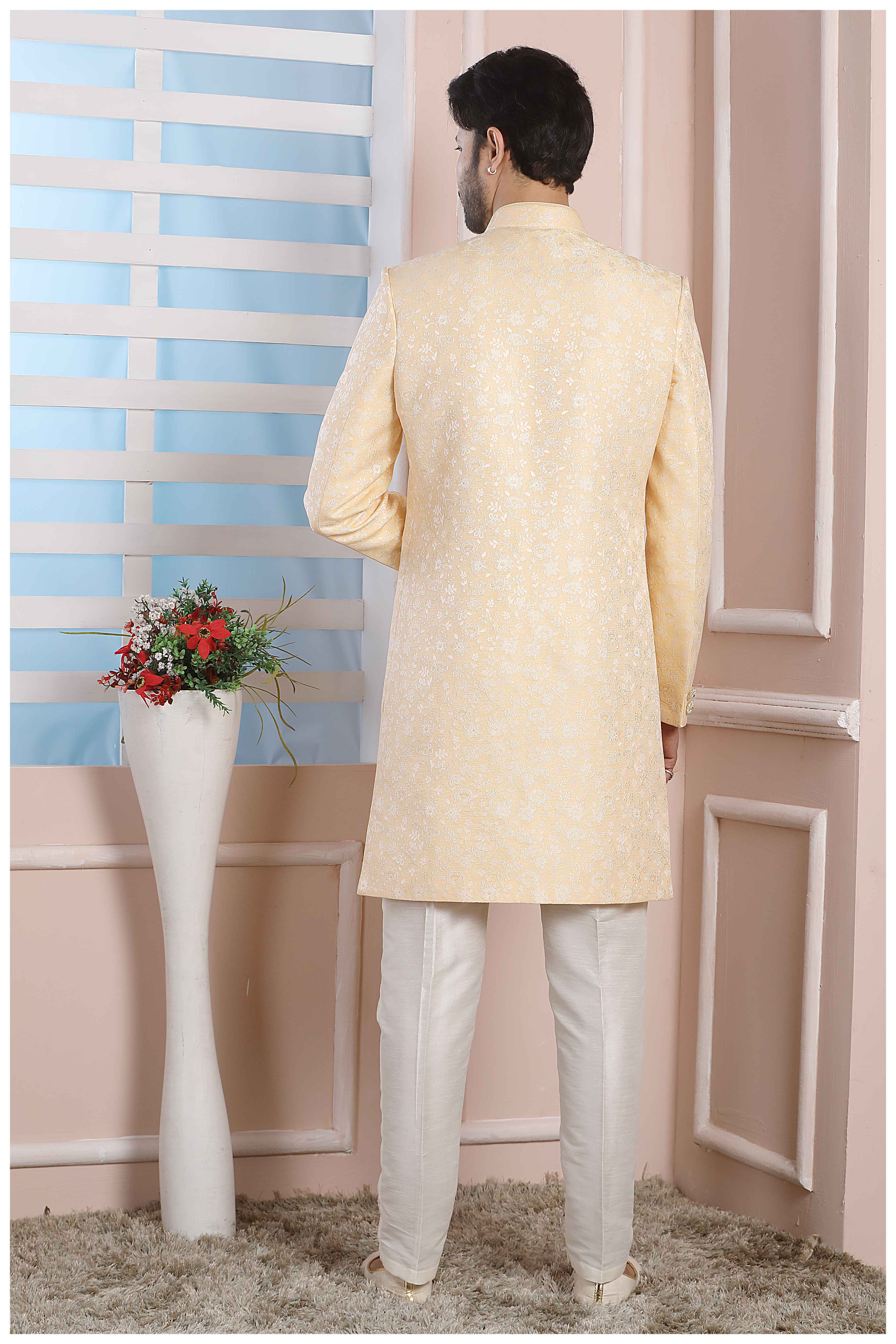 Raivat Ethnic Jacquard Silk Thread Work Indo Western In Yellow Colour | Grocsy