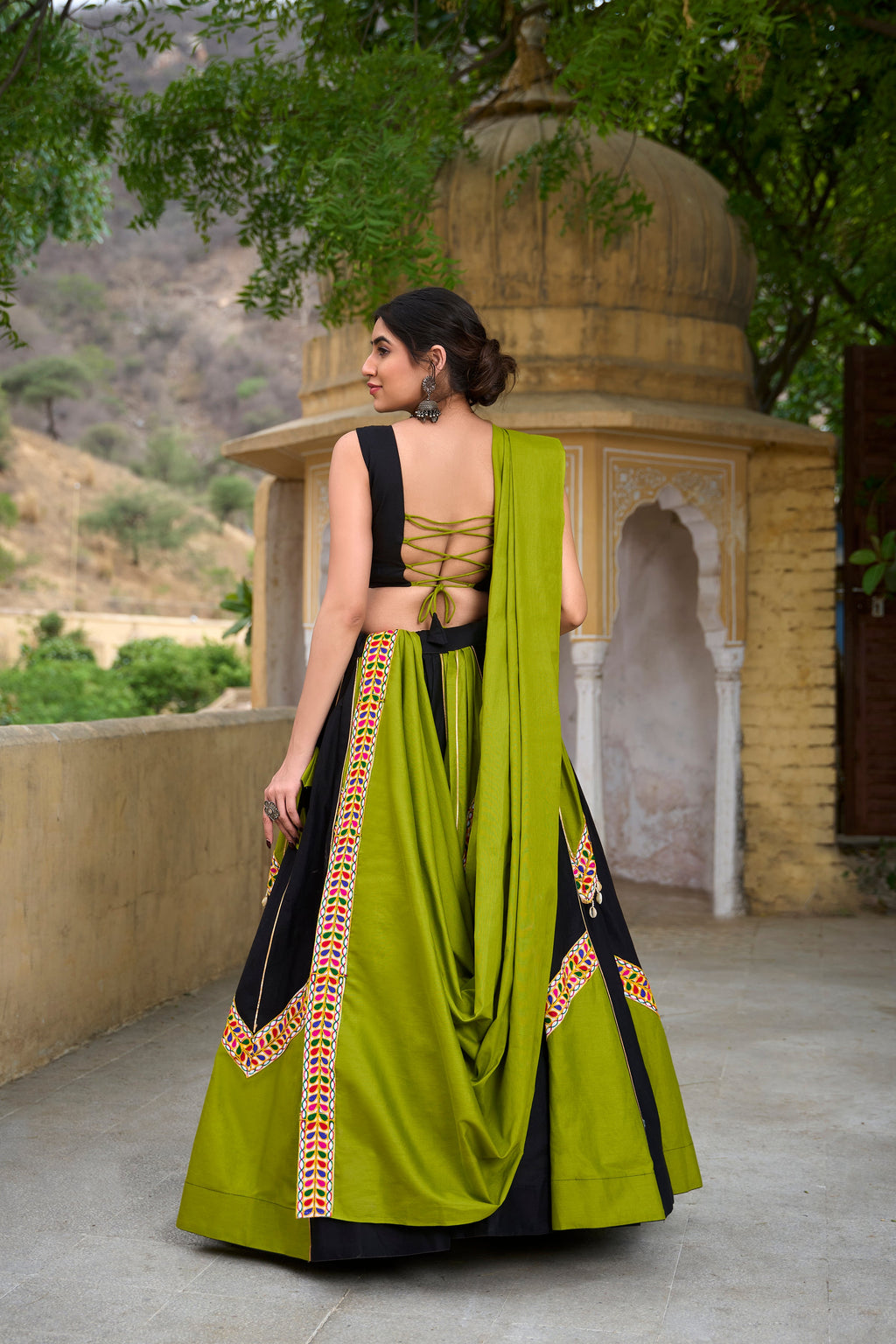 Lorenvalley Pure Cotton Plain With Gamthi Work And Gota Patti With Cowrie (Kodi) Lace Touch Up Lehenga Choli with Dupatta | Grocsy