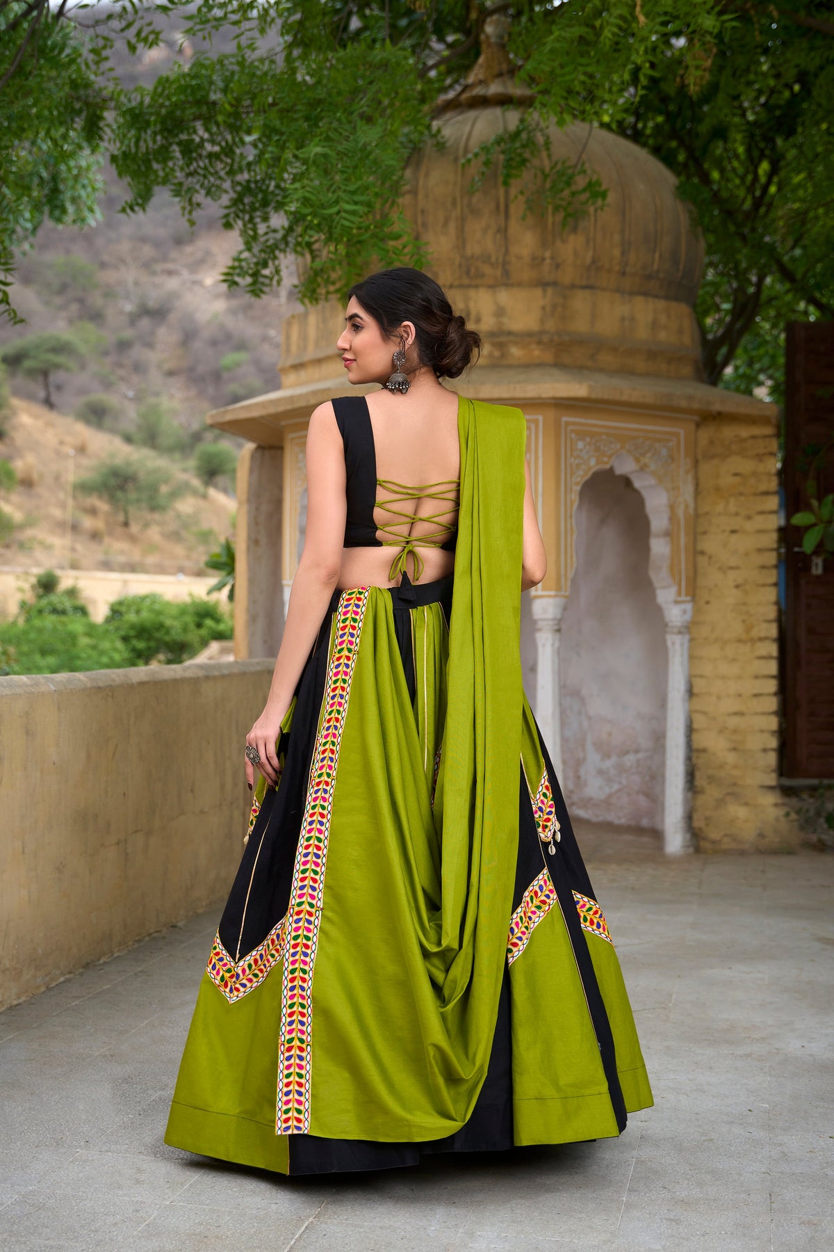 Lorenvalley Pure Cotton Plain With Gamthi Work And Gota Patti With Cowrie (Kodi) Lace Touch Up Lehenga Choli with Dupatta | Grocsy