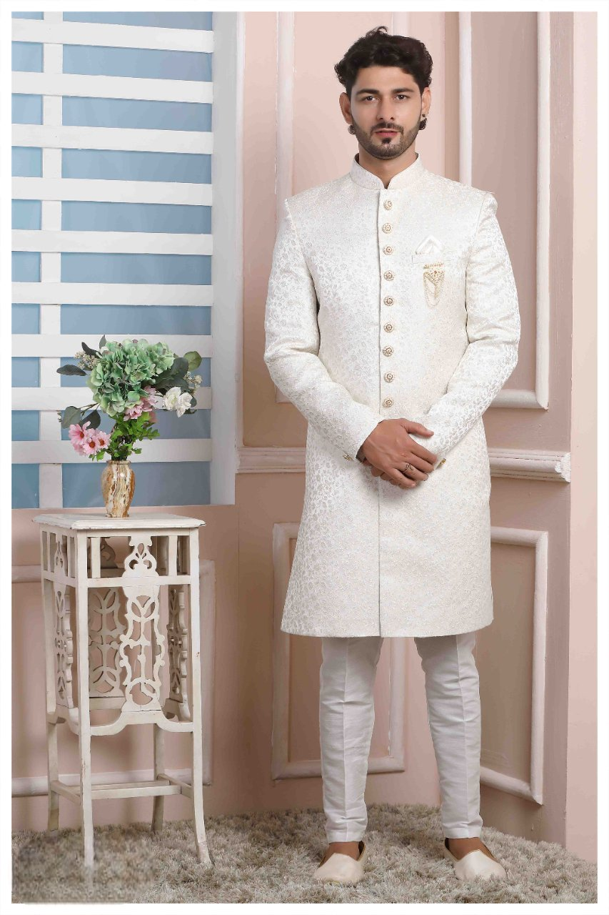 Raivat Ethnic Jacquard Silk Thread Work Indo Western In Cream Colour | Grocsy