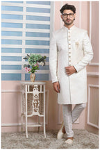 Raivat Ethnic Jacquard Silk Thread Work Indo Western In Cream Colour | Grocsy
