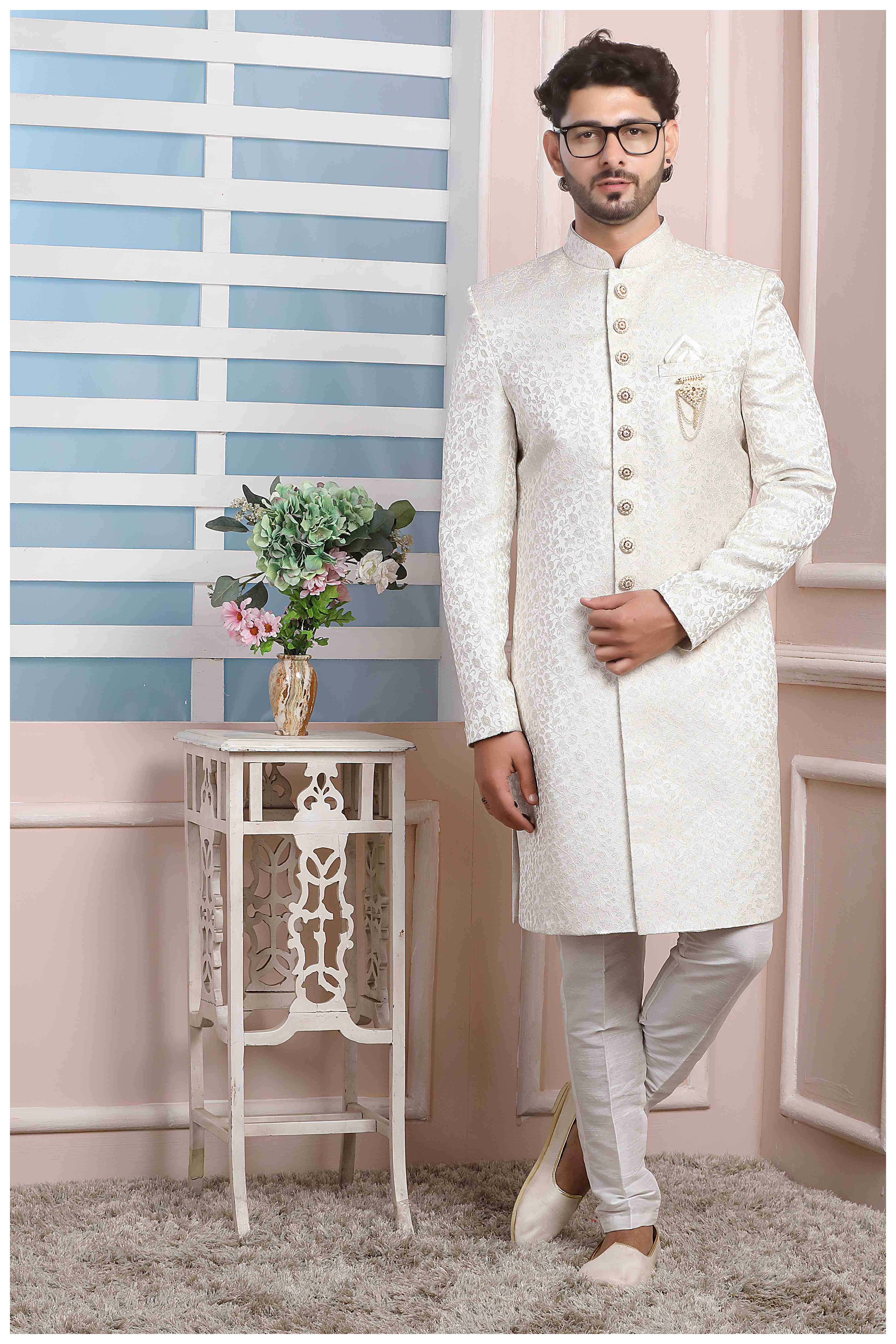 Raivat Ethnic Jacquard Silk Thread Work Indo Western In Cream Colour | Grocsy