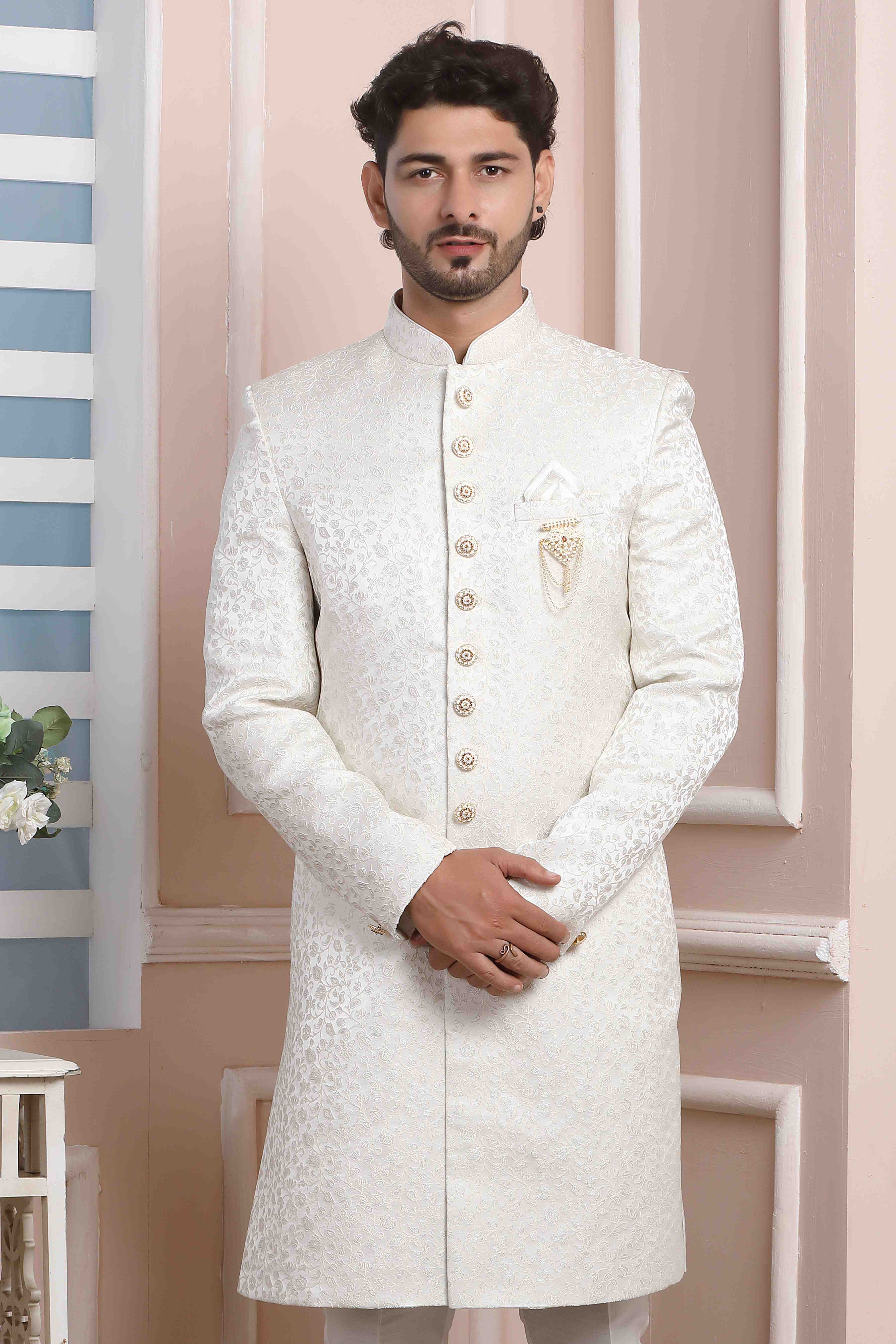 Raivat Ethnic Jacquard Silk Thread Work Indo Western In Cream Colour | Grocsy