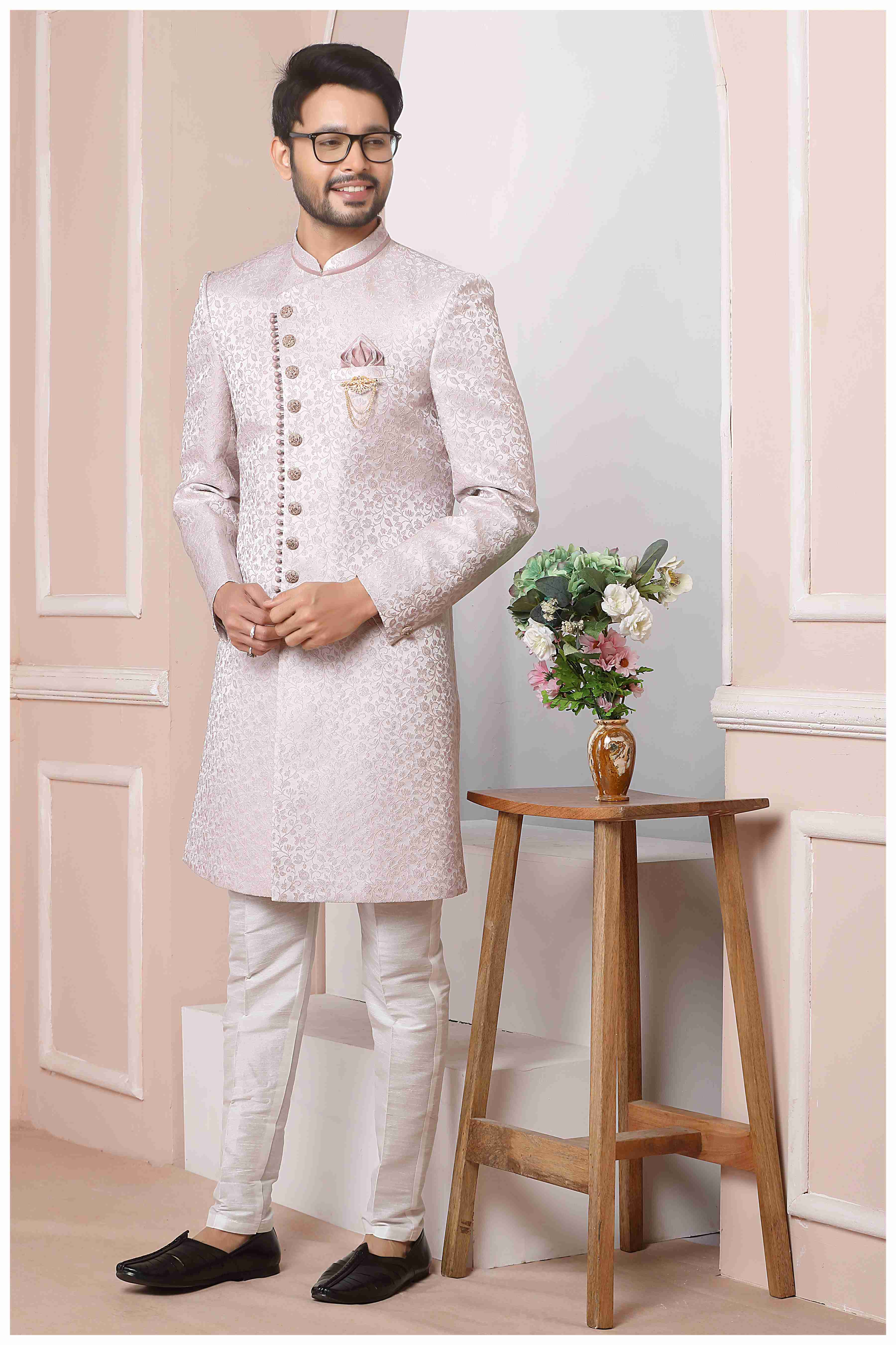 Raivat Ethnic Jacquard Silk Thread Work Indo Western In Onion Pink Colour | Grocsy