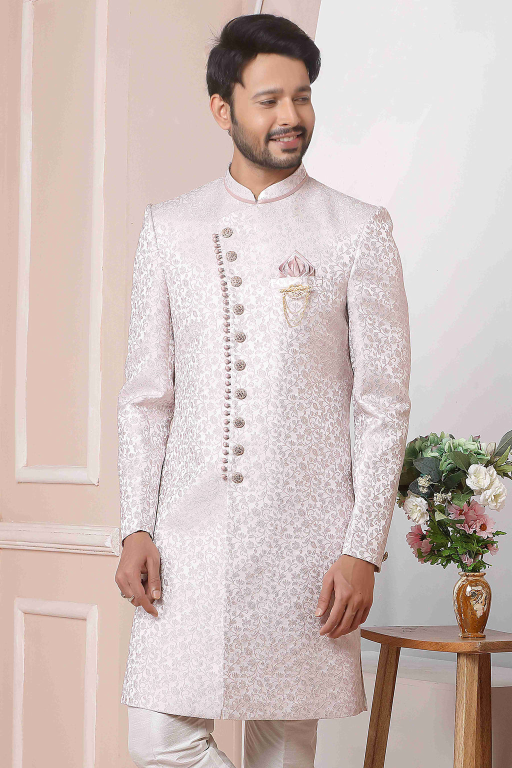 Raivat Ethnic Jacquard Silk Thread Work Indo Western In Onion Pink Colour | Grocsy
