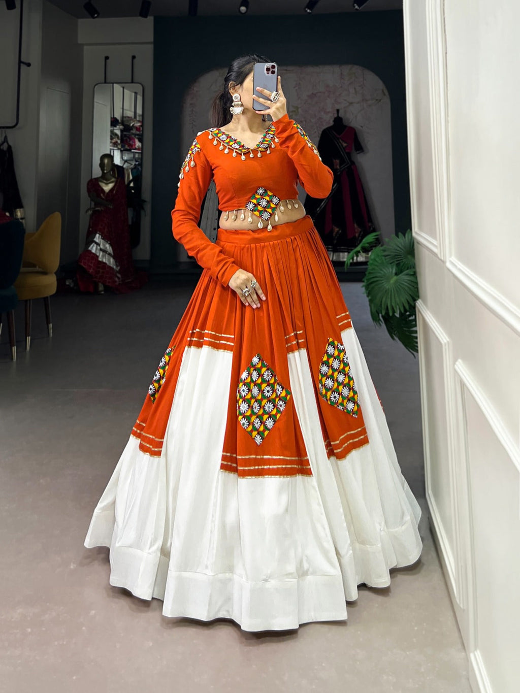 Lorenvalley Fashion Orange Pure Rayon Plain And Gamthi Patch Work With Gota Patti Touch Up Lehenga Choli | Grocsy
