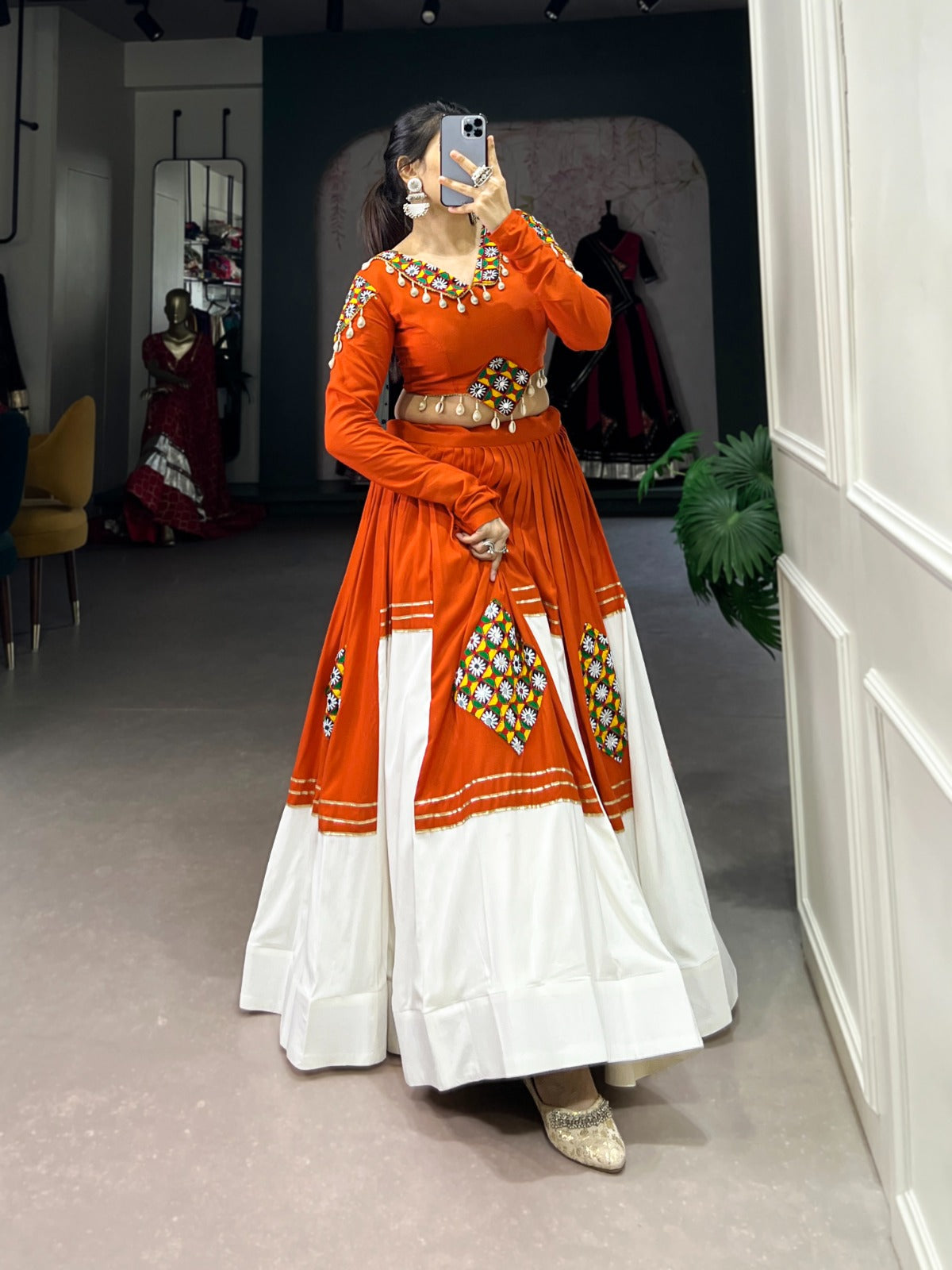 Lorenvalley Fashion Orange Pure Rayon Plain And Gamthi Patch Work With Gota Patti Touch Up Lehenga Choli | Grocsy