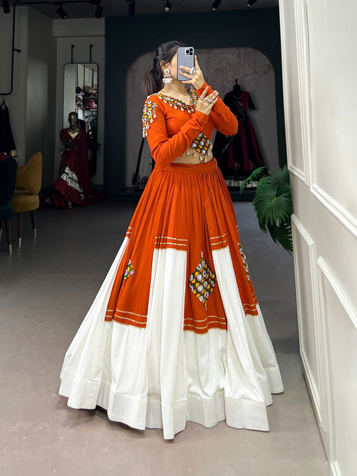 Lorenvalley Fashion Orange Pure Rayon Plain And Gamthi Patch Work With Gota Patti Touch Up Lehenga Choli | Grocsy