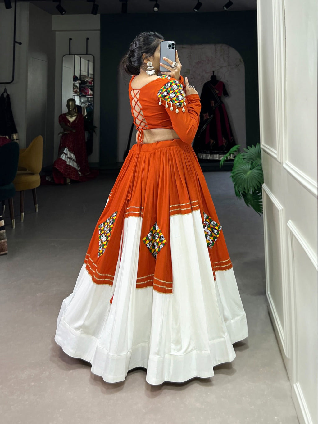 Lorenvalley Fashion Orange Pure Rayon Plain And Gamthi Patch Work With Gota Patti Touch Up Lehenga Choli | Grocsy
