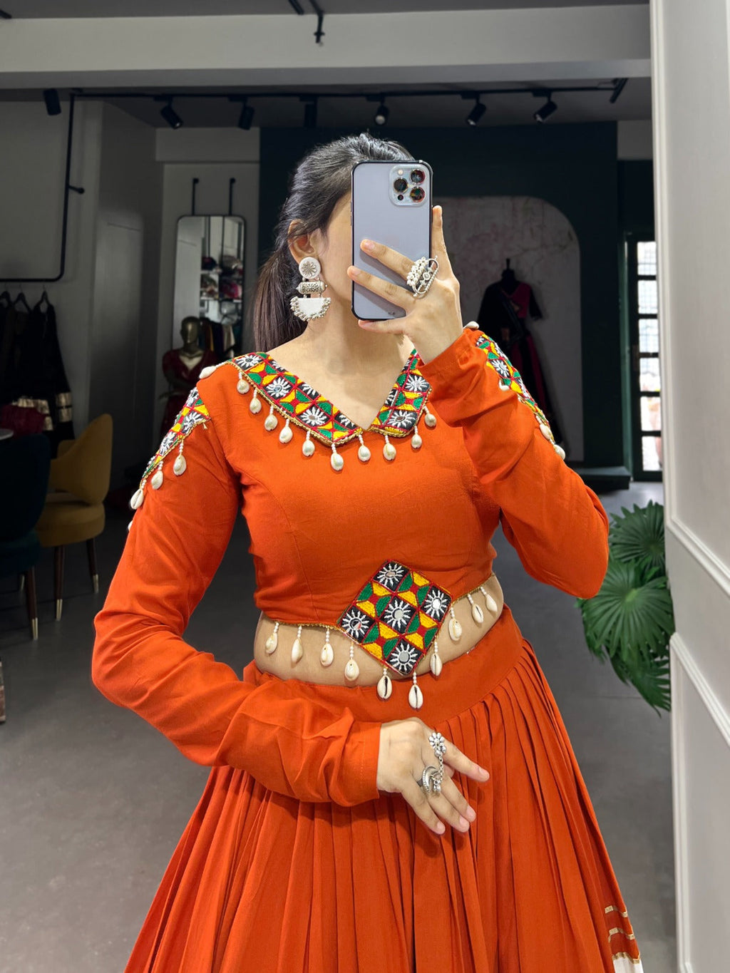 Lorenvalley Fashion Orange Pure Rayon Plain And Gamthi Patch Work With Gota Patti Touch Up Lehenga Choli | Grocsy