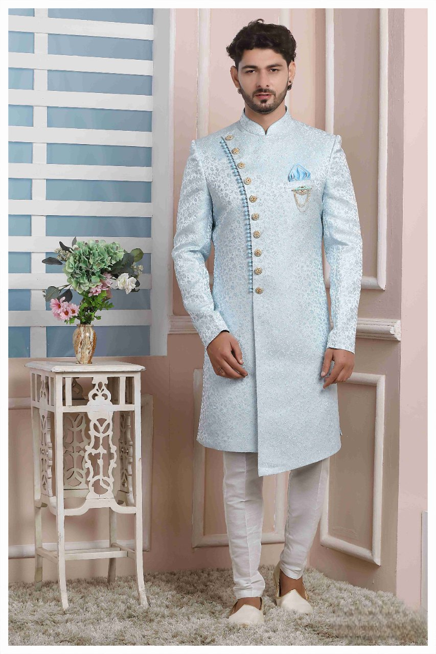 Raivat Ethnic Jacquard Silk Thread Work Indo Western In Sky Blue Colour | Grocsy