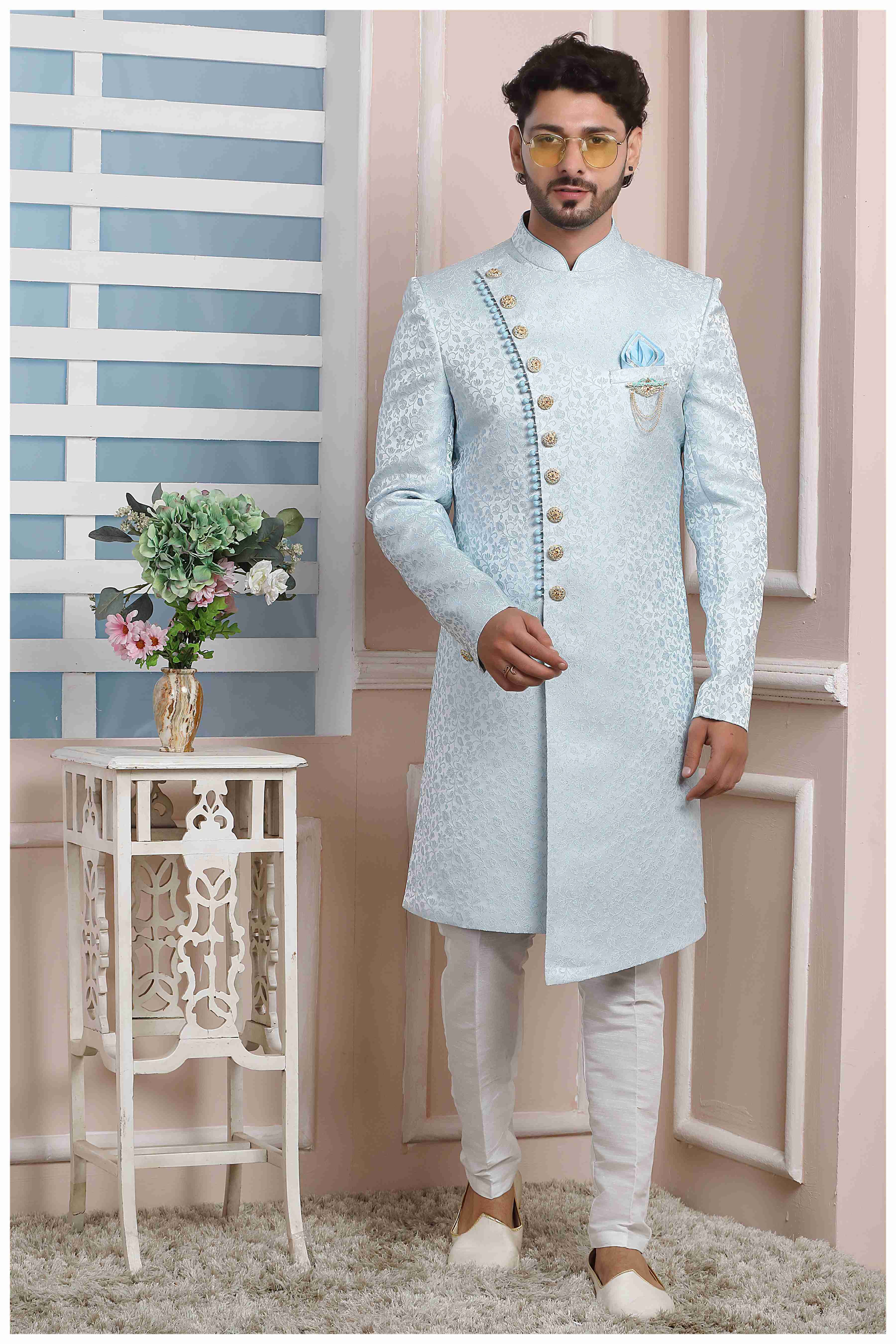 Raivat Ethnic Jacquard Silk Thread Work Indo Western In Sky Blue Colour | Grocsy
