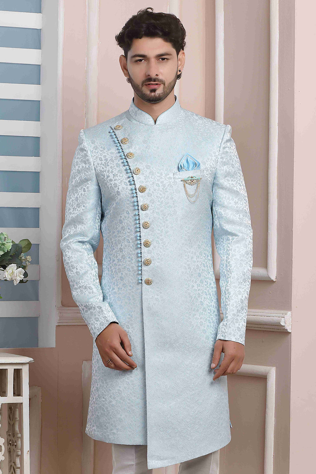 Raivat Ethnic Jacquard Silk Thread Work Indo Western In Sky Blue Colour | Grocsy