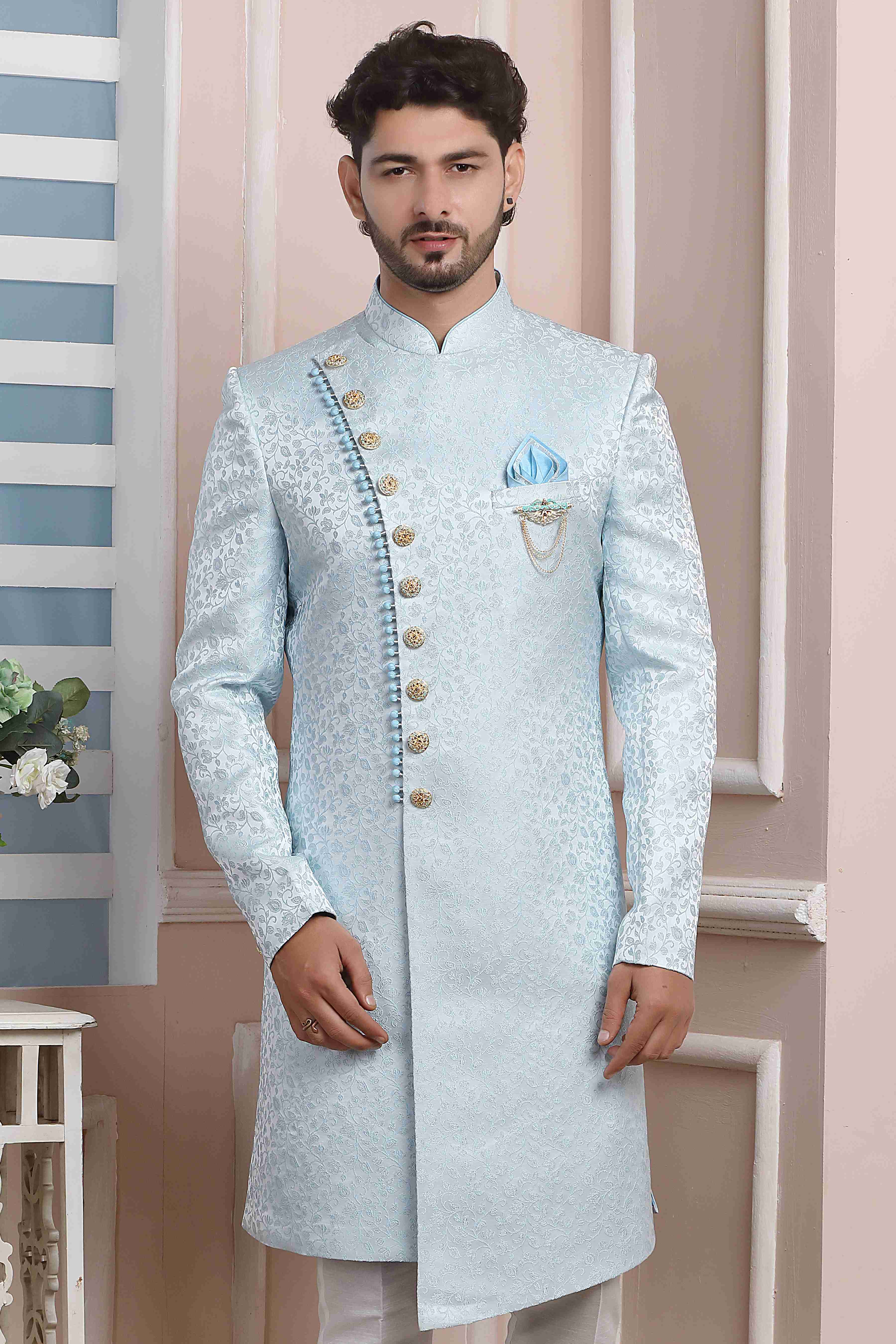 Raivat Ethnic Jacquard Silk Thread Work Indo Western In Sky Blue Colour | Grocsy
