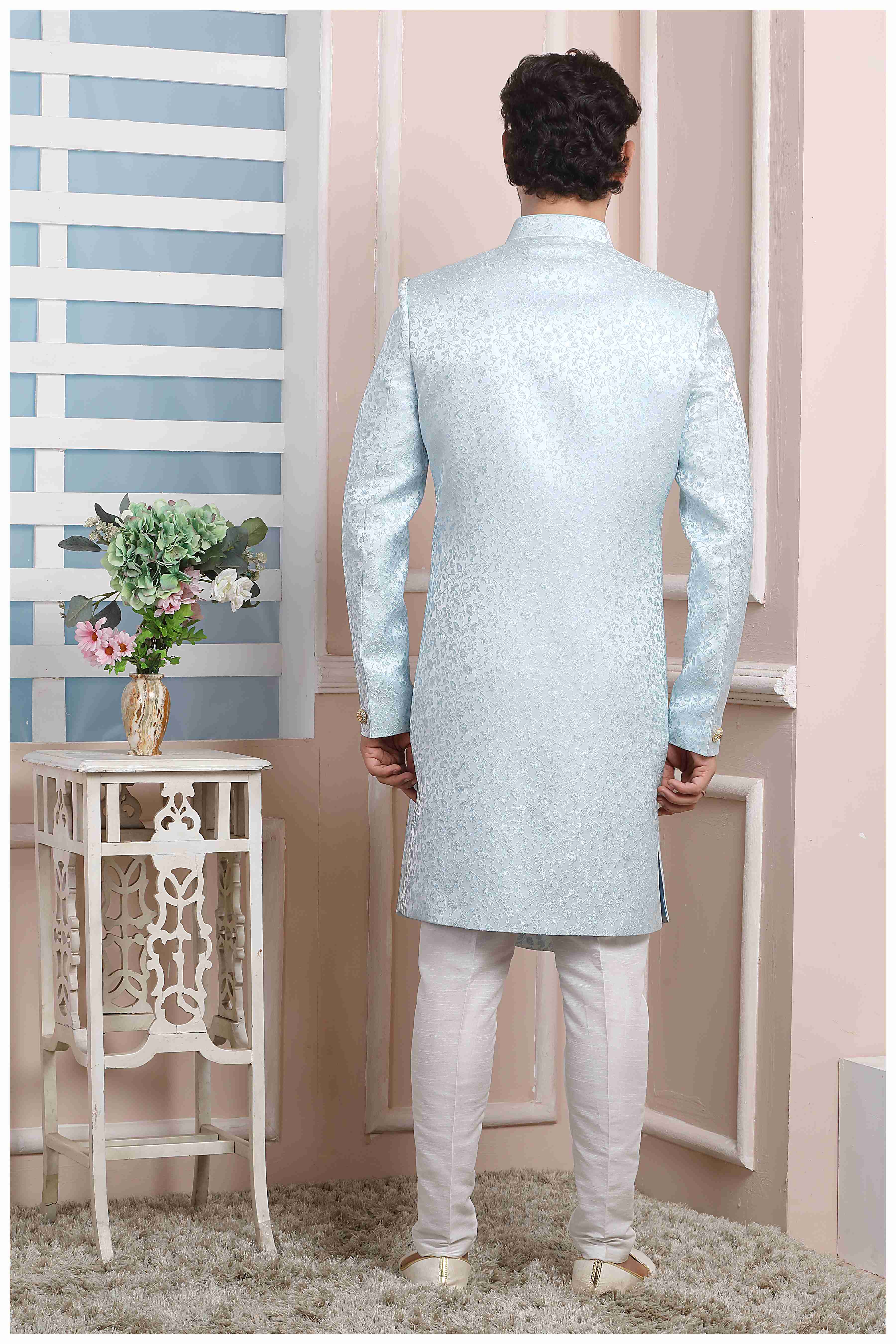 Raivat Ethnic Jacquard Silk Thread Work Indo Western In Sky Blue Colour | Grocsy