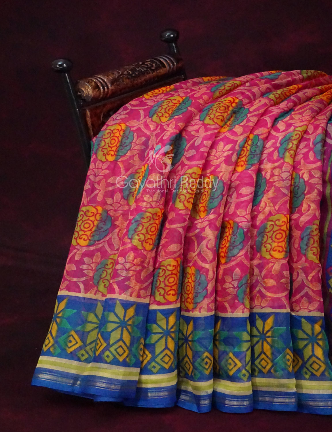 Shades of Rani Pink With Ink Blue Blouse Creeper Design Semi Chanderi Saree By Gayathri Reddy Designer Studio | Grocsy
