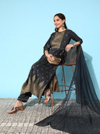 Sangria Ethnic Motifs Yoke Design Pleated Chanderi Silk Kurta with Trousers & With Dupatta | Grocsy