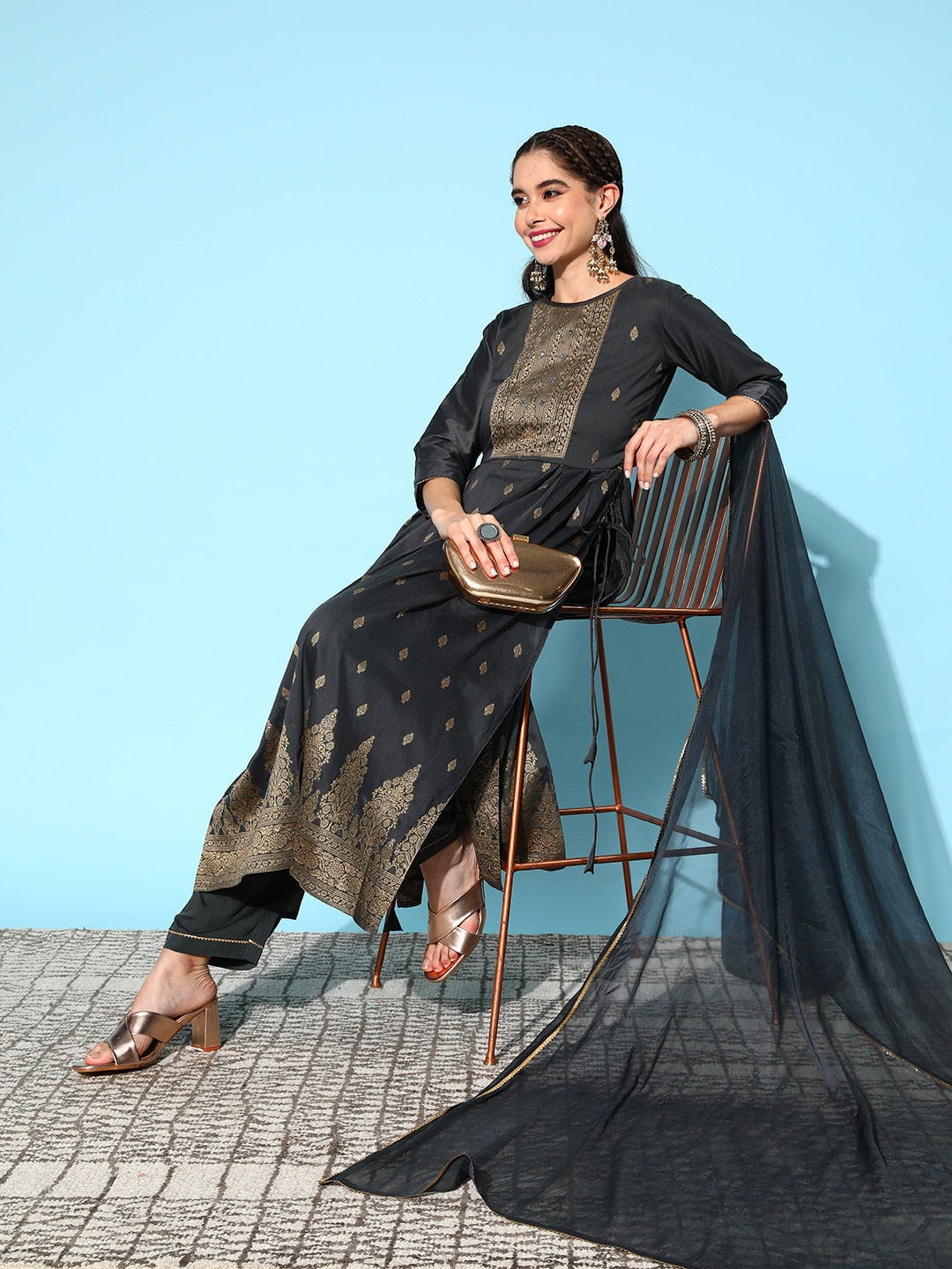 Sangria Ethnic Motifs Yoke Design Pleated Chanderi Silk Kurta with Trousers & With Dupatta | Grocsy