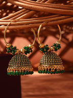 Anikas Creation Green & Gold-Toned Contemporary Jhumkas Earrings | Grocsy